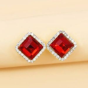 Red Gemstone Pierced Earrings - Faux Ruby & Diamond